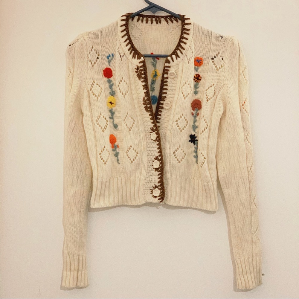 Vintage 70s Embroidered Cream Sweater